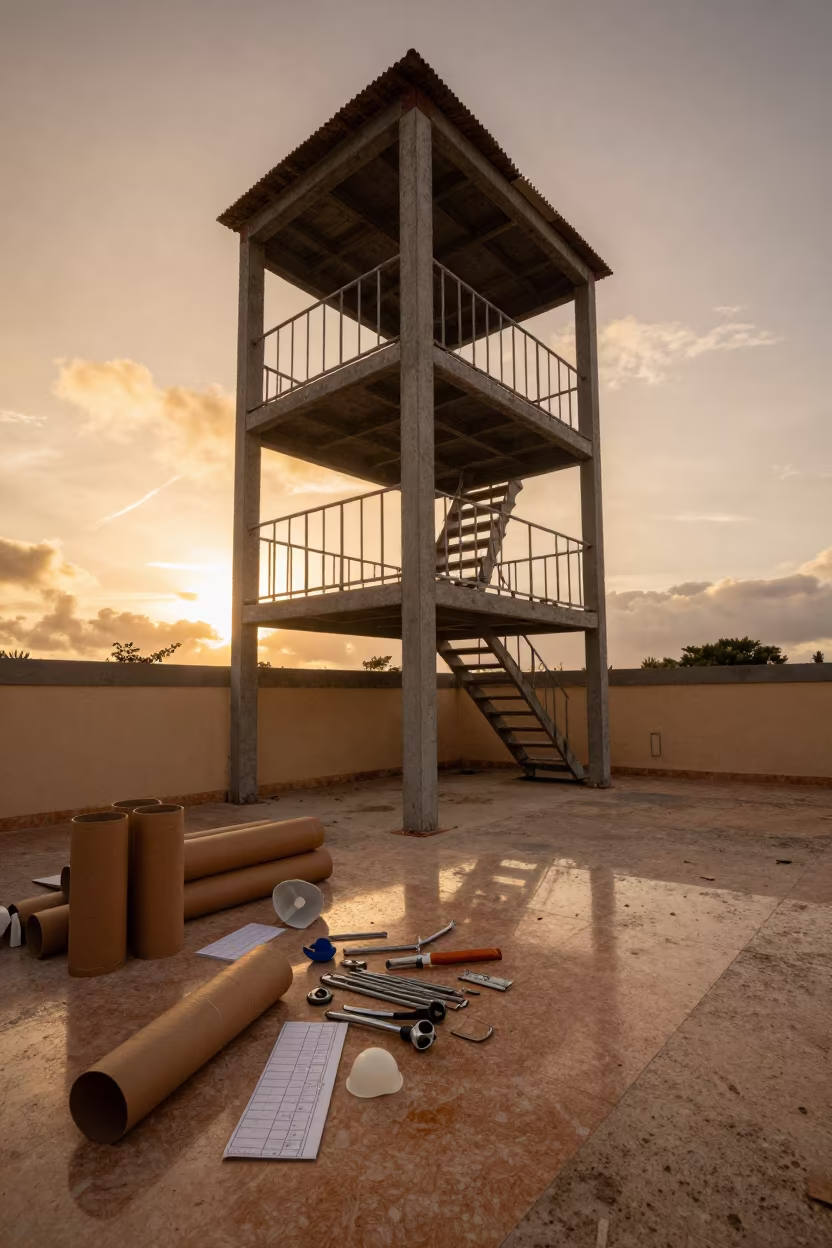 Sprinkler Guard Crate in Stair Tower Monsoon Light in inside a bare shell stair tower near Puerto La Cruz