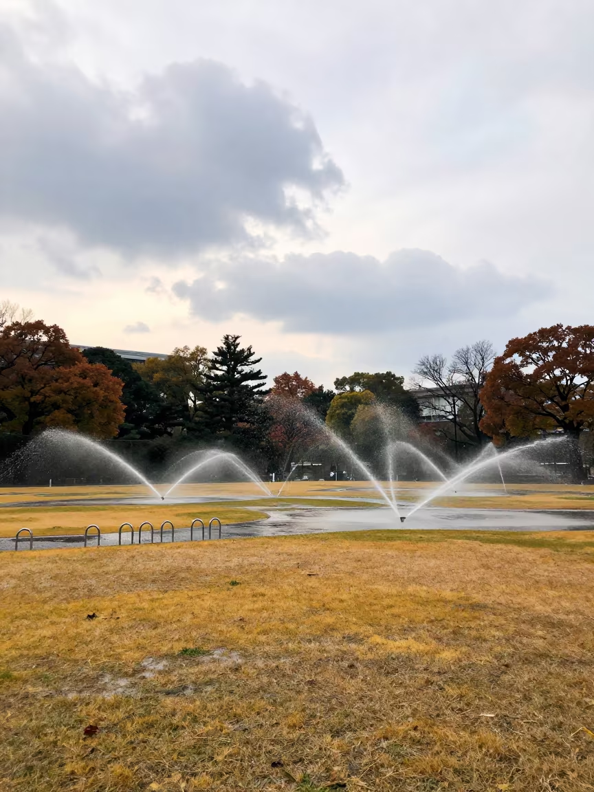 Sprinkler Water Stripes on Autumn Campus Lawn Shinjuku in beside campus bike racks at dawn in Shinjuku, Tokyo