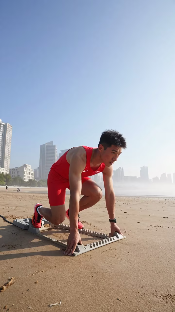 Sprinter in Blocks on Shanghai Beach Morning in along a beach near Moganshan Road, Shanghai