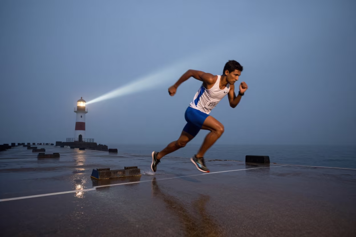 Sprinter Blurring in Predawn Lighthouse Light in at a harbor quay near Pune
