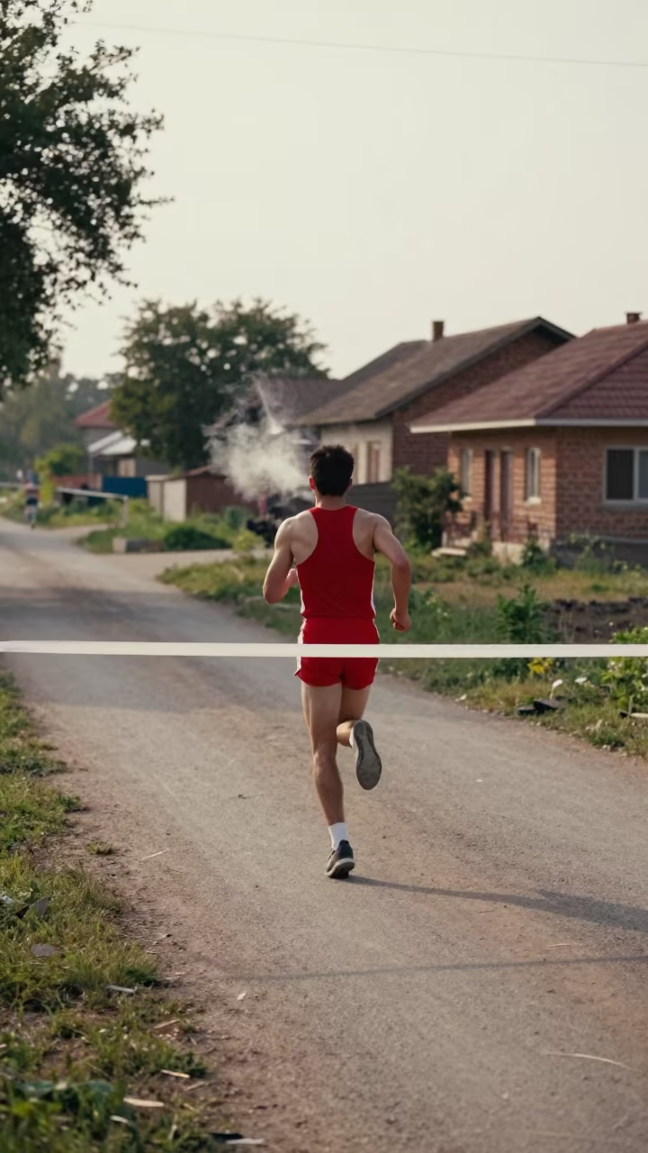 Sprinter Crossing Finish Line in Village Lane in in a village lane near Chandigarh