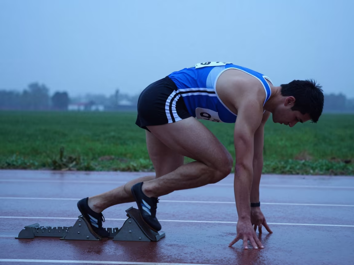Sprinter Crouching in Rain Near Qena Fields in near open fields near Qena