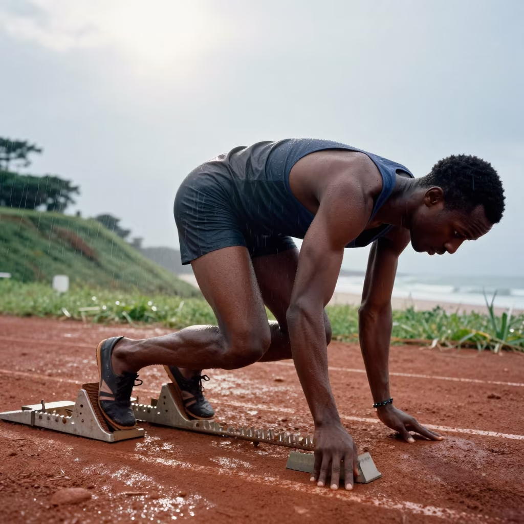 Sprinter in Blocks Under Lagos Rain in on a hillside near Lekki, Lagos