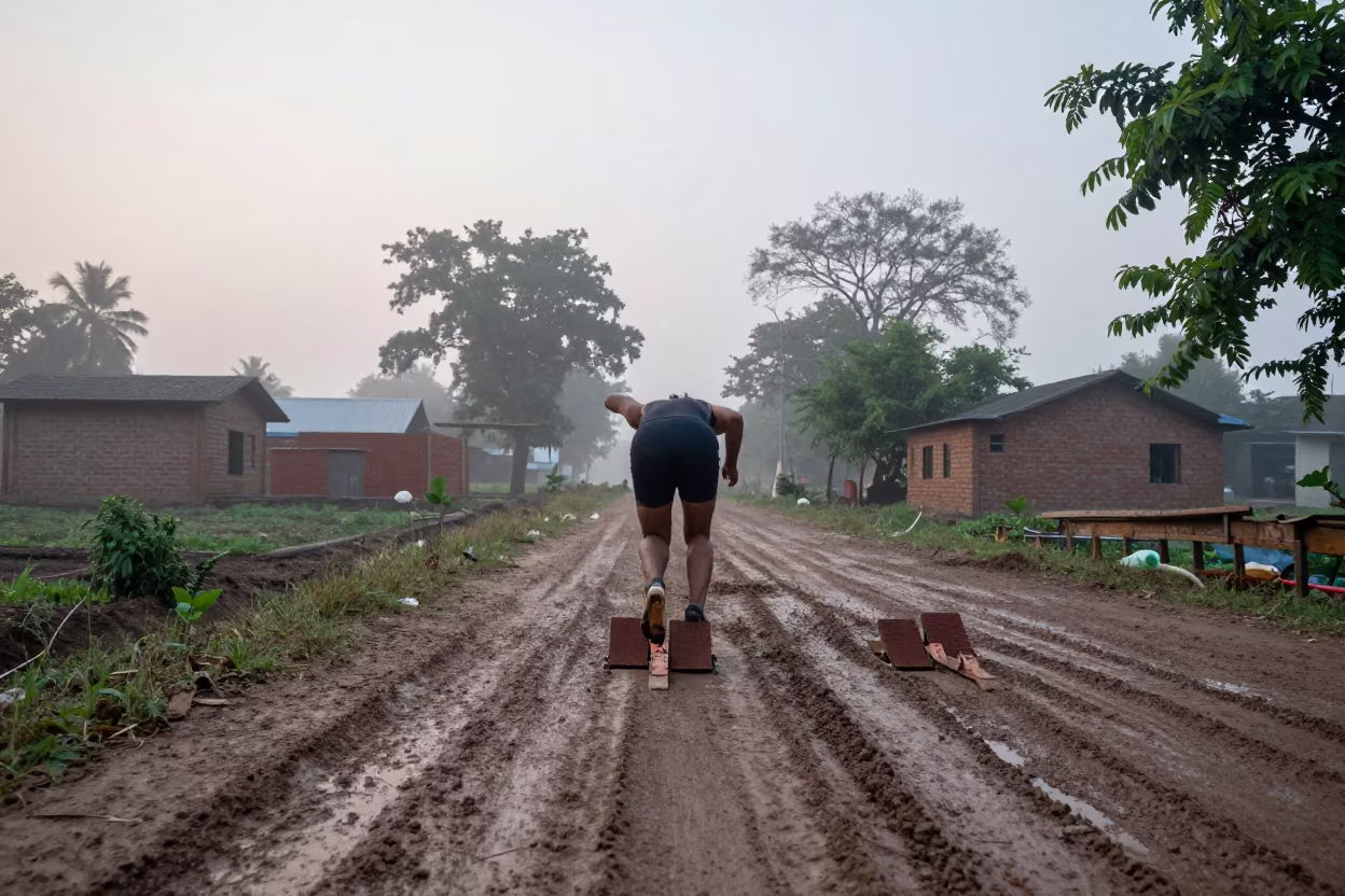 Sprinter Launches from Blocks on Misty Village Lane in in a village lane near Sylhet