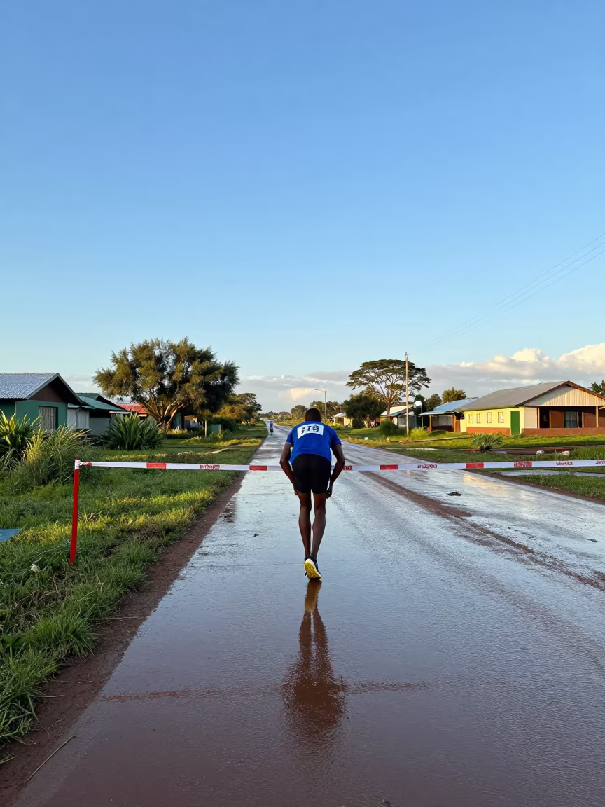 Sprinter Leaning at Tape in Village Lane in in a village lane near Manzini