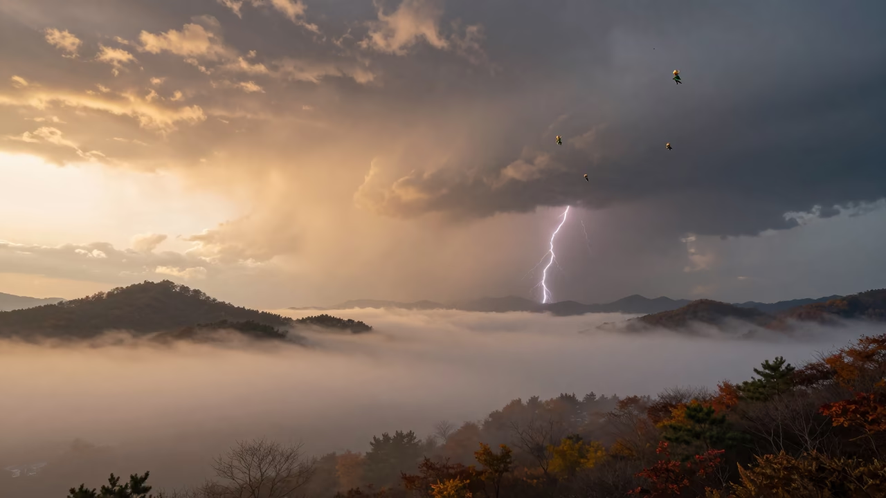 Sprites Above Storm at Daejeon Golden Hour in through low marine fog near Daejeon