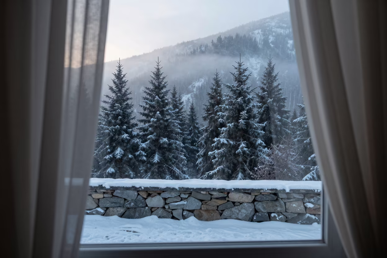 Spruce Forest Mist Before Sunrise on Mountain Ledge in on a stone ledge near Bishkek
