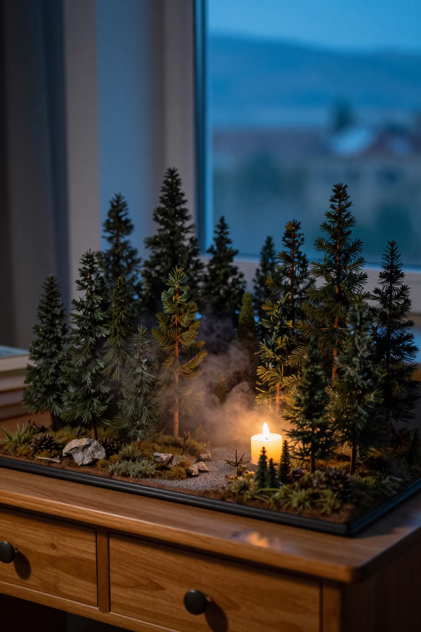 Spruce Forest Model on Misty Mountain in Candlelight in on a writing desk in Bishkek