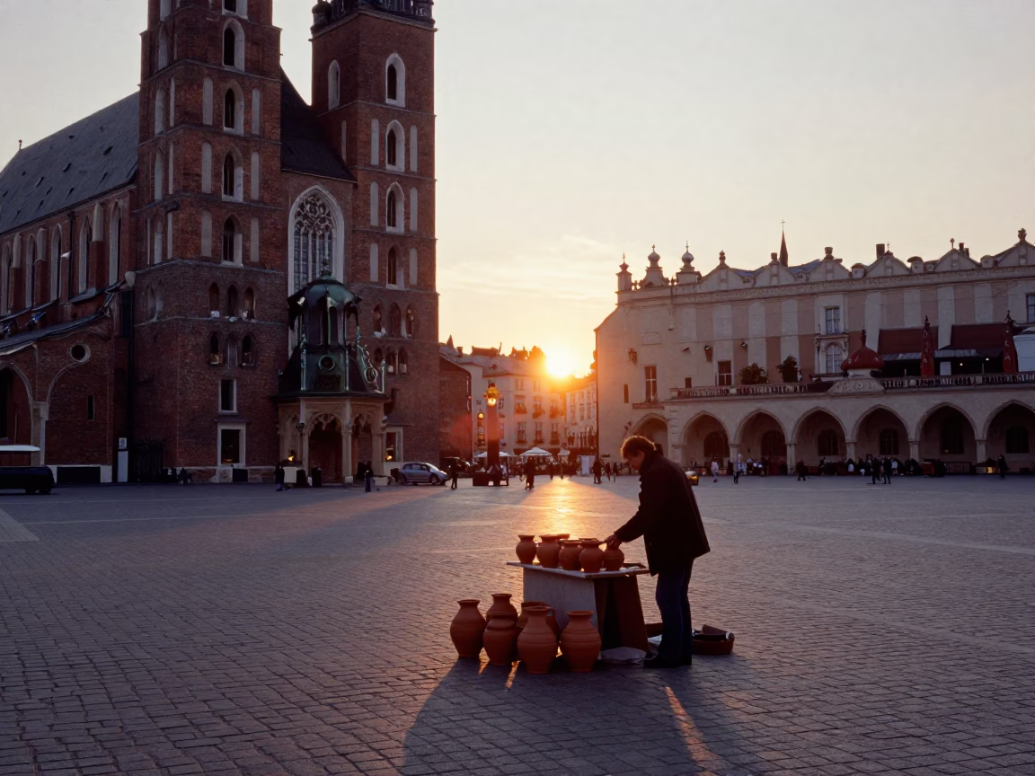 Square Evening at As The Sun Drops Toward The Horizon in Krakow in in Krakow, Poland