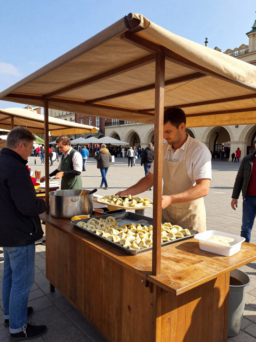 Square Stall in Krakow at Bright Midmorning Light in in Krakow, Poland