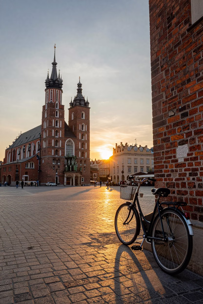 Square Sunset in Krakow at As The Sun Drops Toward The Horizon in in Krakow, Poland