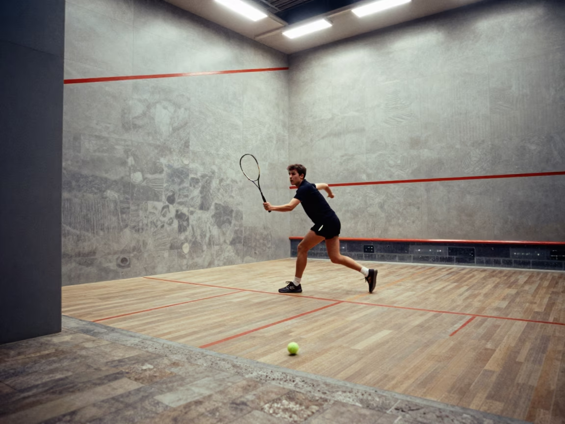 Squash Player Cross Court Nick on Stone Ledge in on a stone ledge in Guangzhou