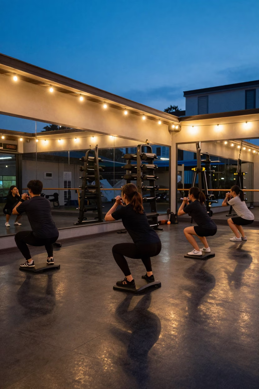 Squat Board Rack in Spin Studio in inside a spin studio under class lights in Ho Chi Minh City