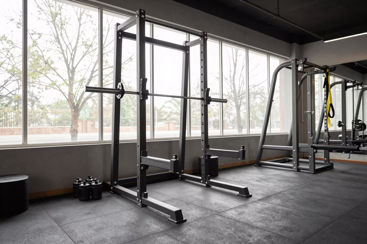 Squat Rack and Bands in Agra Gym Morning in on a rubber-floored free-weight deck in Agra