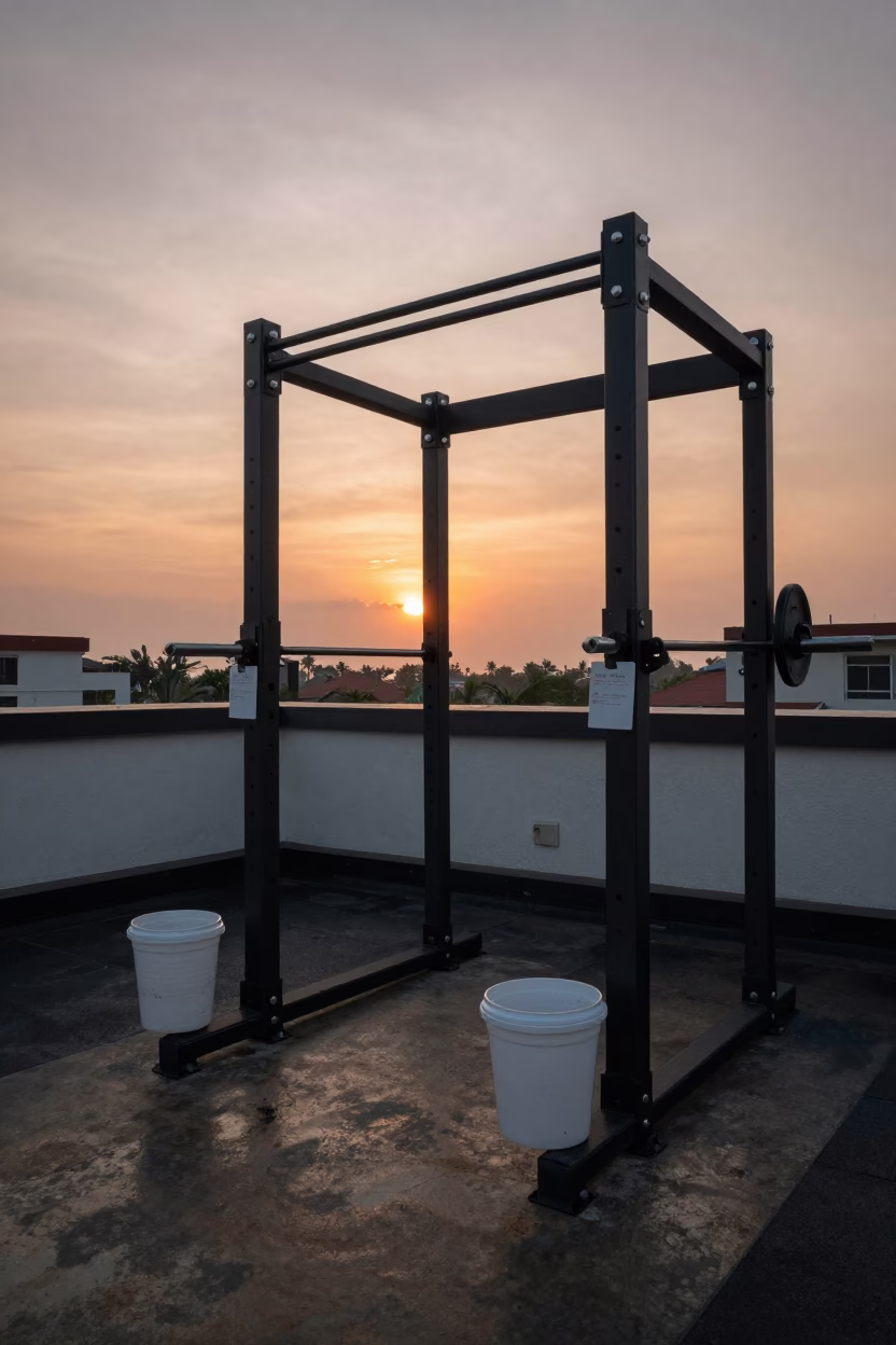 Squat Rack Bay with Chalk and Collars at Sunset in beside a squat rack row before the rush in Kollam