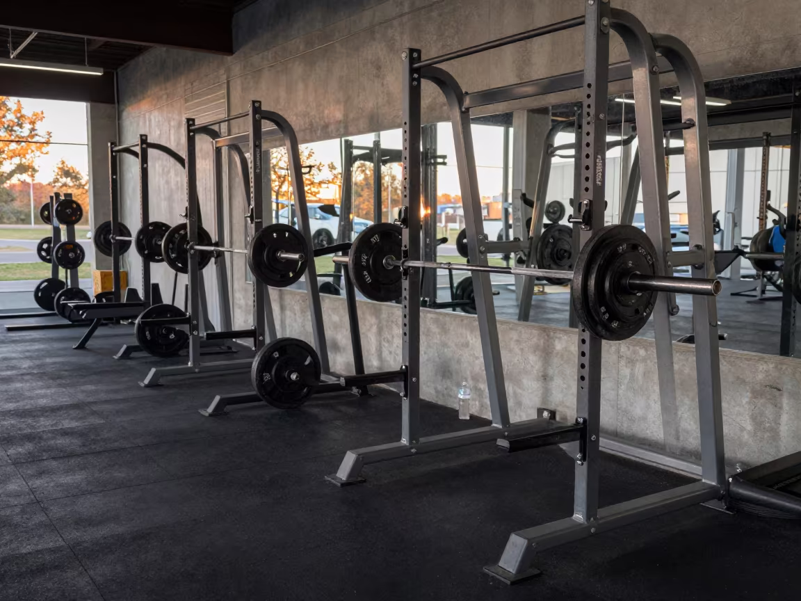 Squat Rack Line Before Dawn in Victoria Fitness Room in inside a strength room in Victoria