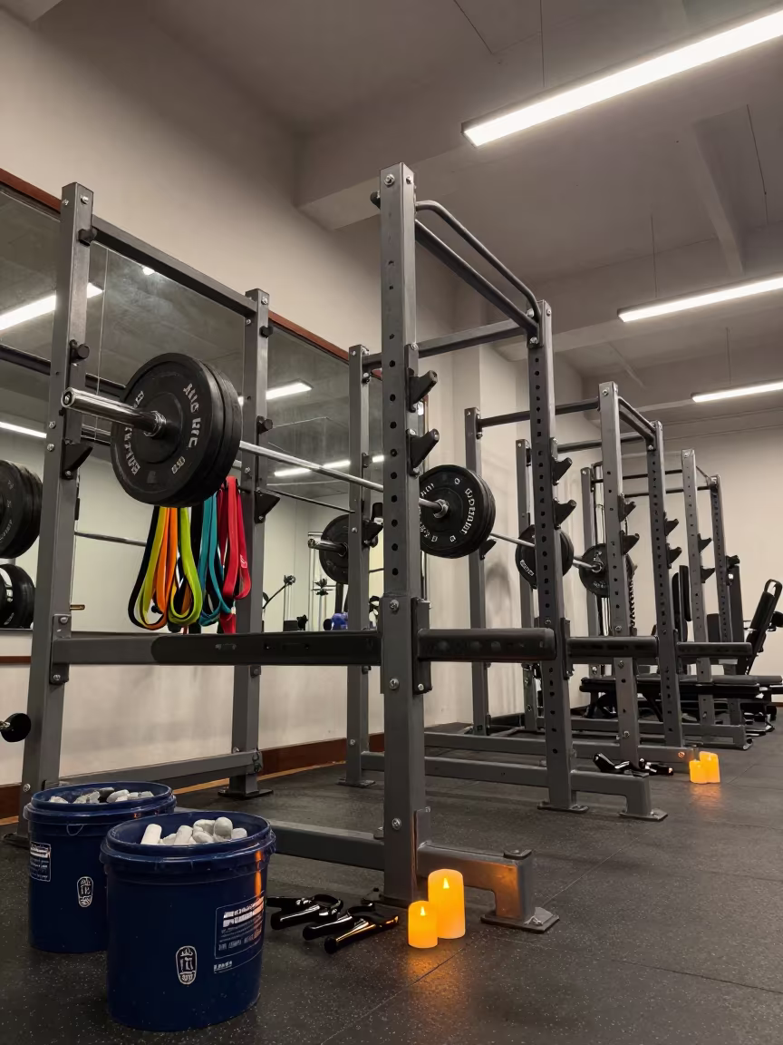 Squat Rack Line with Chalk Buckets and Bands in inside a barbell room under cool LEDs near Haikou