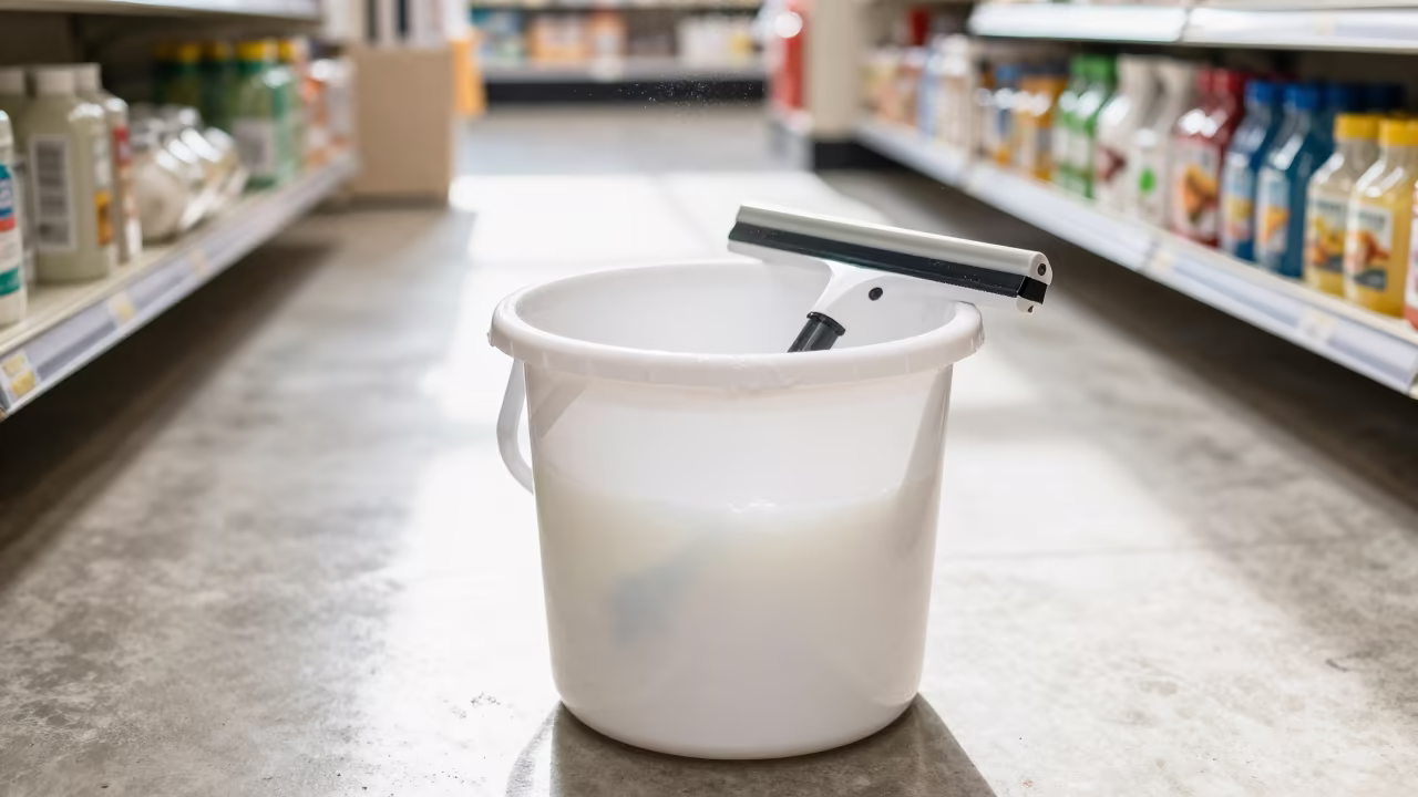 Squeegee Bucket in Bright Retail Aisle in inside a bright retail aisle in Gujranwala