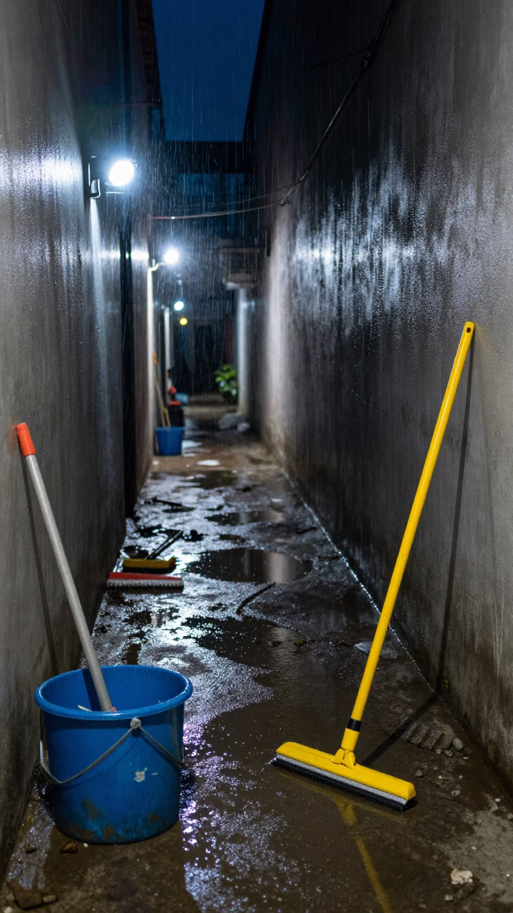 Squeegee Bucket in Midnight Cúcuta Corridor in inside a fitting room corridor near Cúcuta