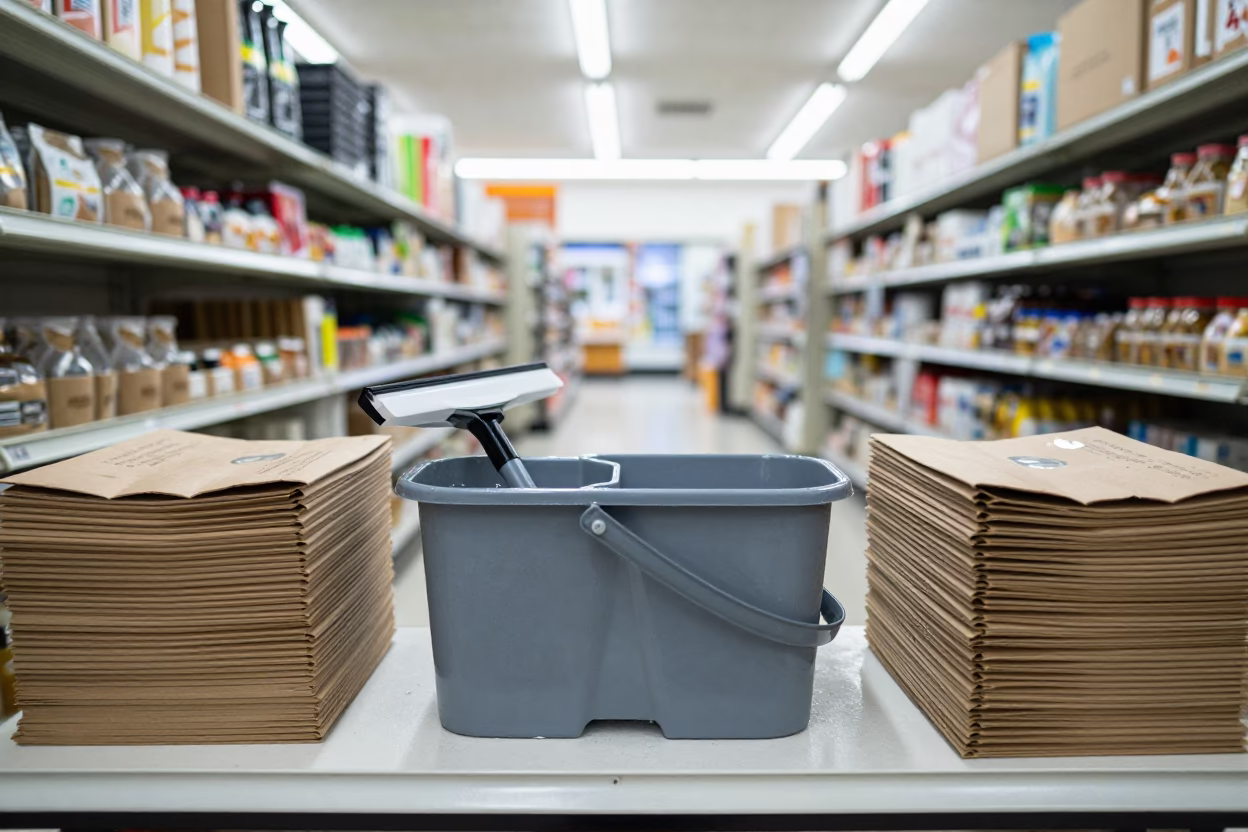 Squeegee Bucket Reset at Lombok Cash Wrap in at a cash wrap counter with bags stacked nearby near Lombok
