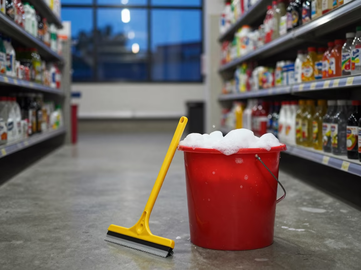Squeegee Bucket Reset in Semarang Retail Aisle in inside a bright retail aisle in Semarang