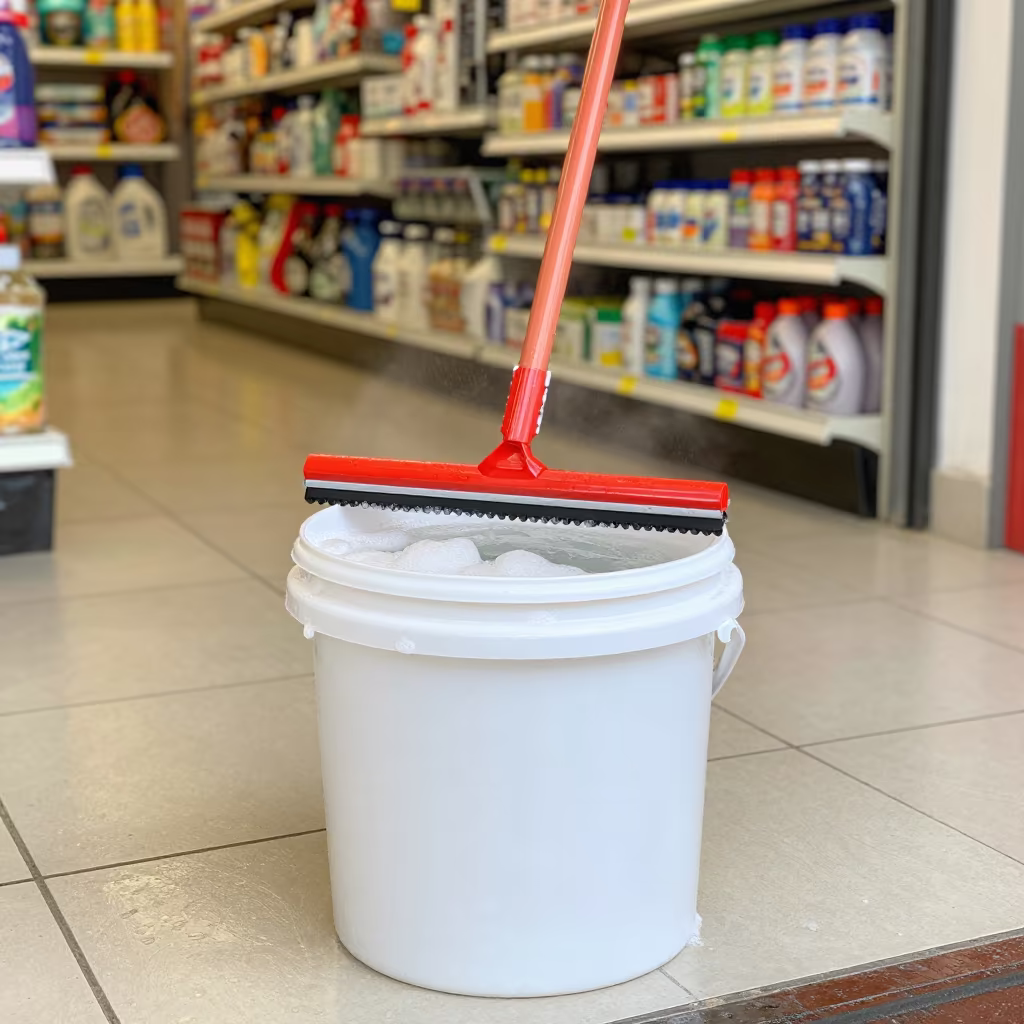 Squeegee Bucket in Victoria Seychelles Storefront in inside a storefront prepared for opening in Victoria Seychelles