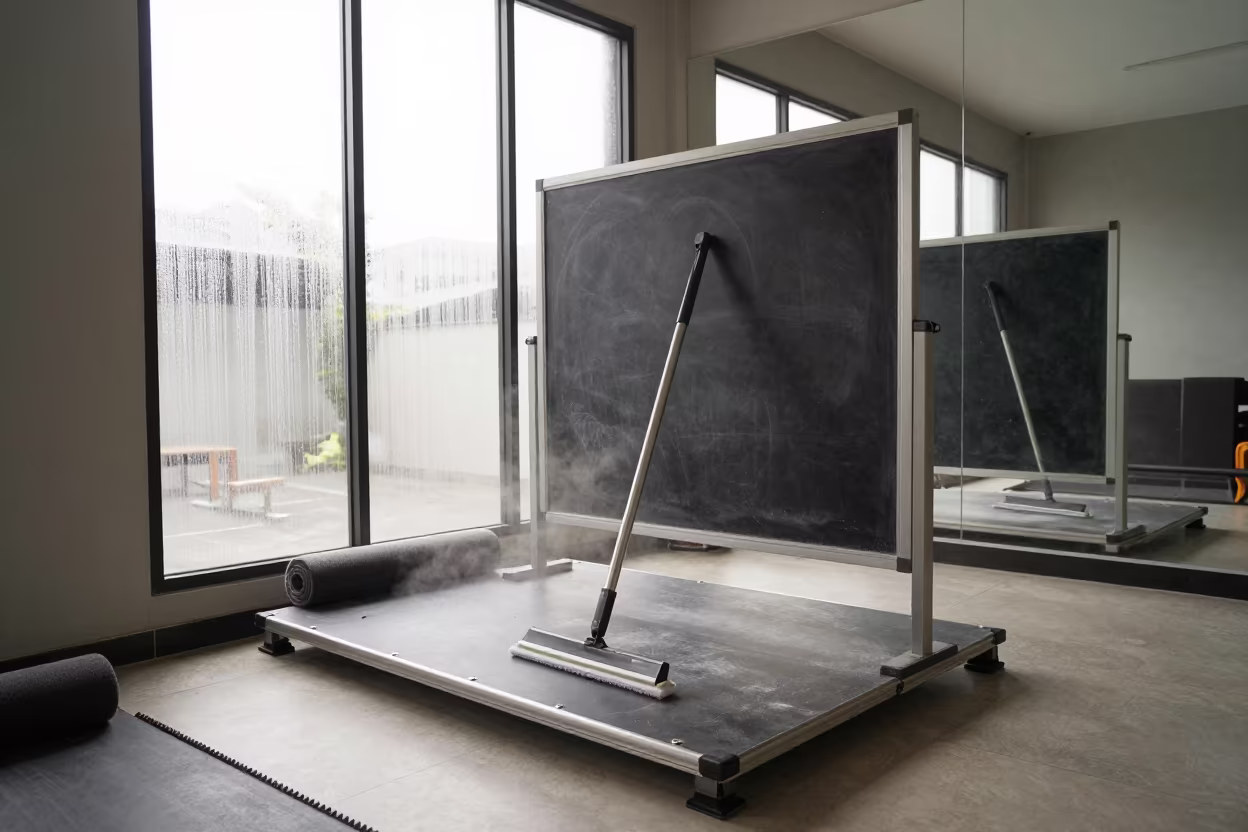 Squeegee Chalk Screen Recovery Lounge Palembang in inside a recovery lounge beside foam rollers in Palembang