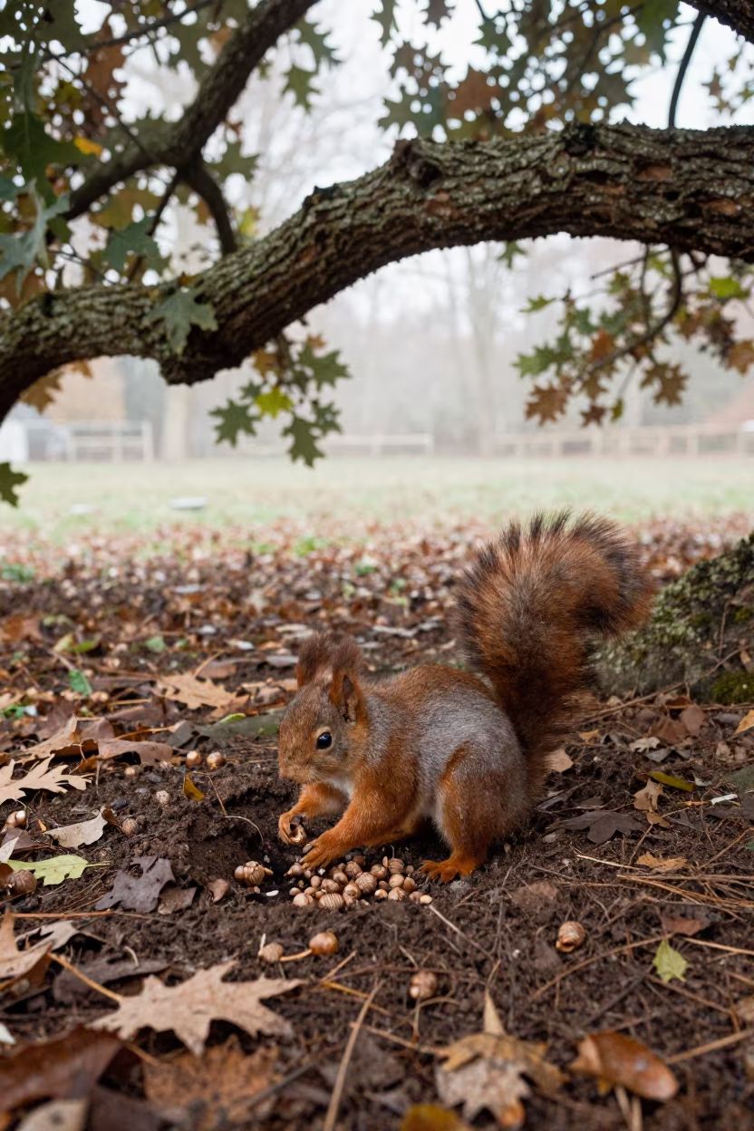 Squirrel Burying Acorns in Avignon Winter Light in near Avignon