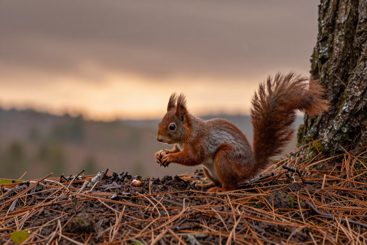 Squirrel Burying Acorns on Black Forest Ridge in on a wind-scoured ridge in the Black Forest
