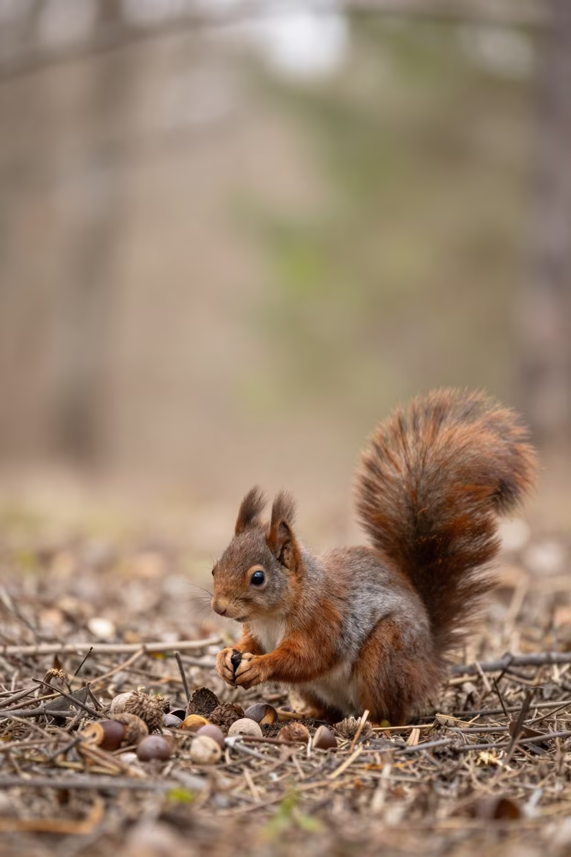 Squirrel Burying Acorns in Bulgarian Forest in in Bulgaria