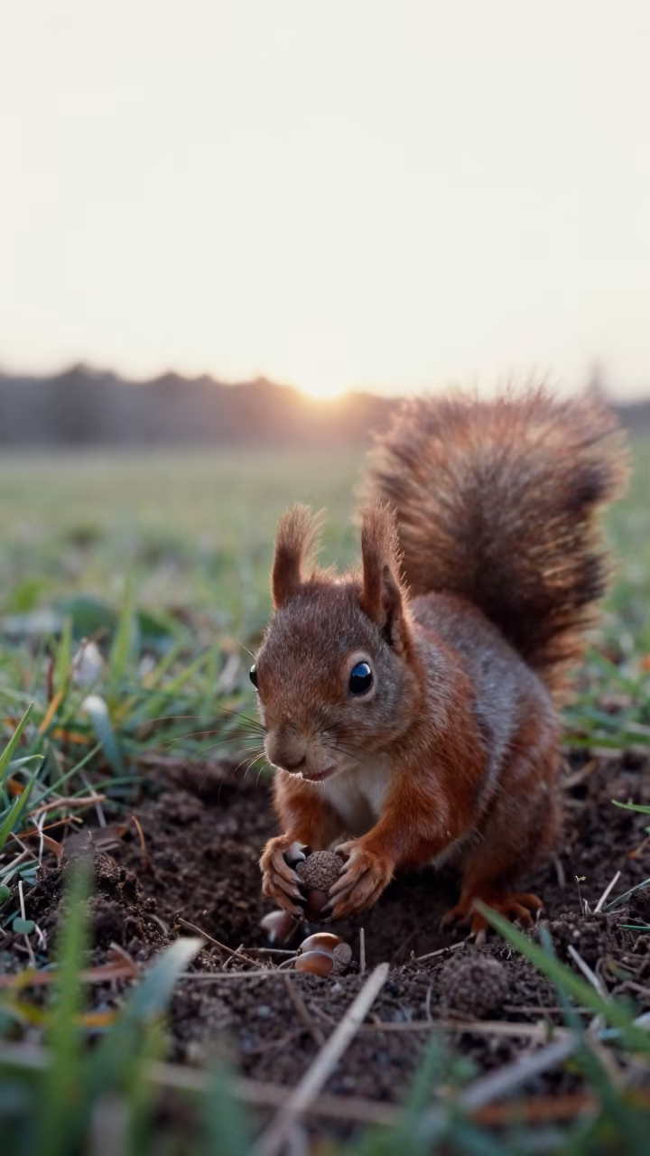Squirrel Burying Acorns in Dalian Morning Light in near Dalian
