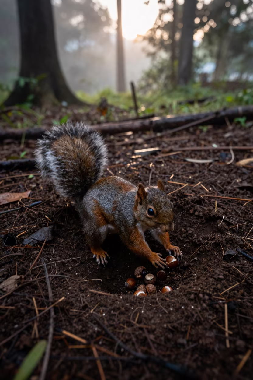 Squirrel Burying Acorns in Monsoon Shadow in near Bandung