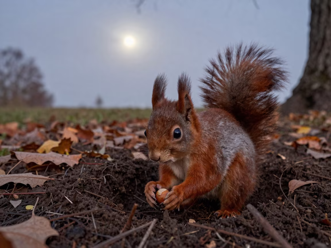 Squirrel Burying Acorns in Predawn Moonlight in near Eskişehir