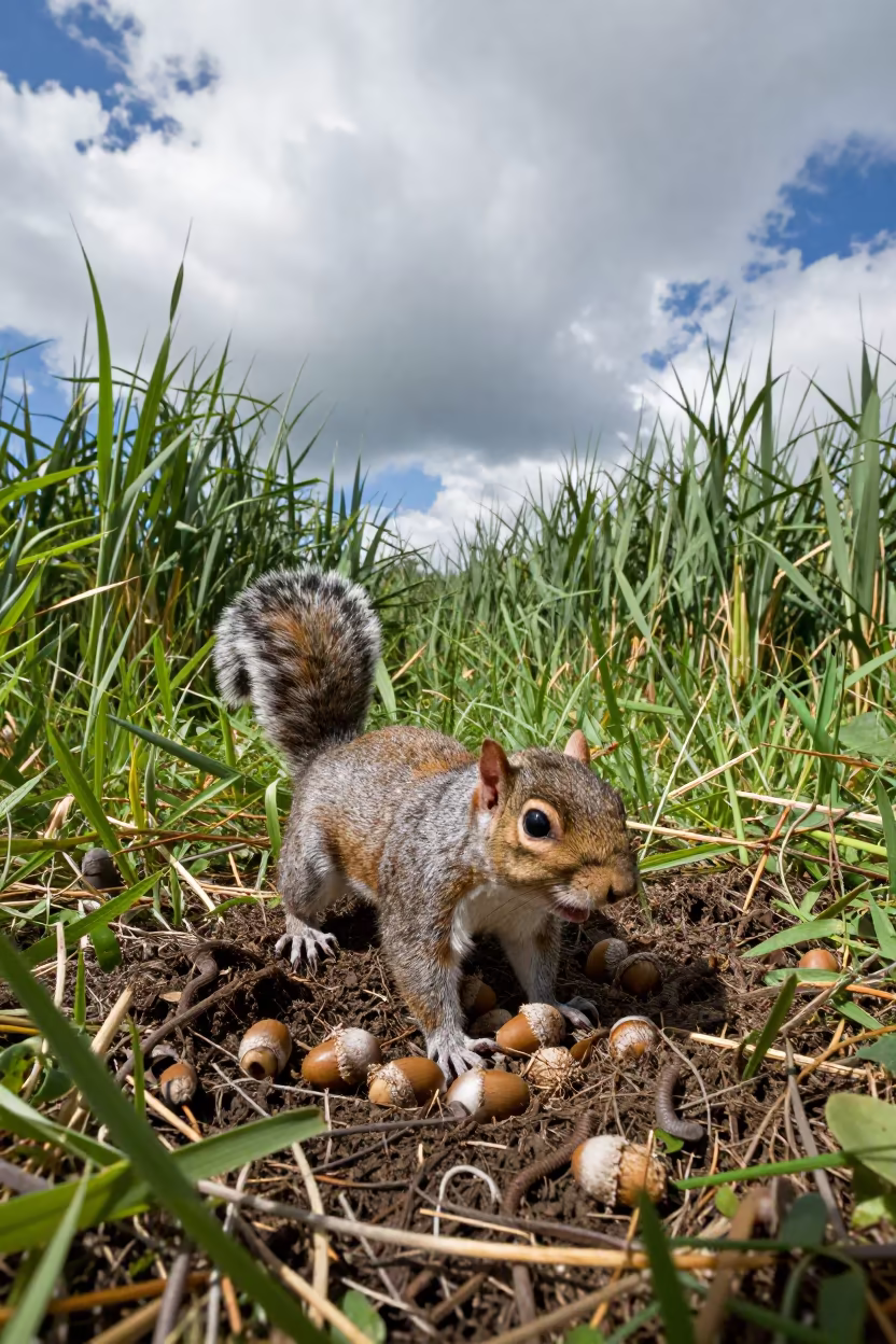 Squirrel Burying Acorns Reed Bed Peterborough Midsummer in at the edge of a reed bed near Peterborough