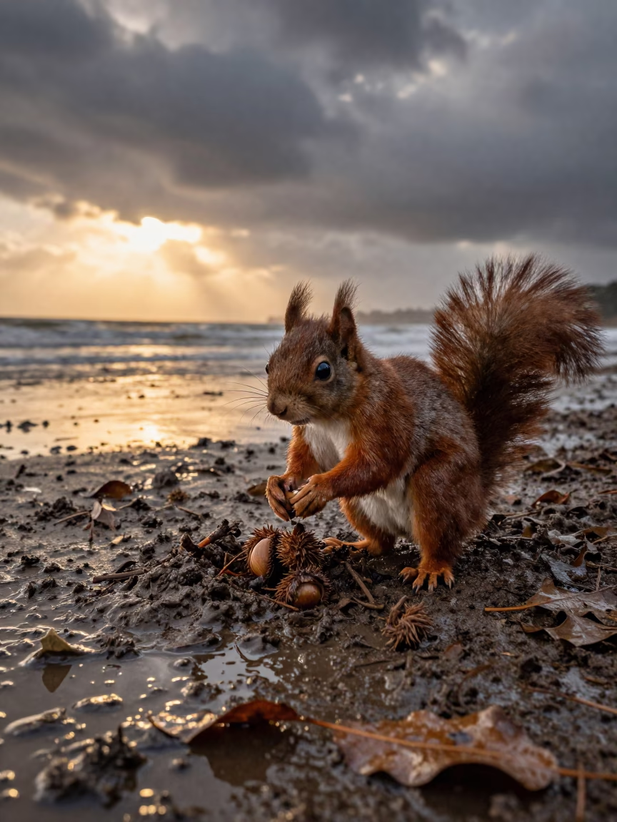 Squirrel Burying Acorns Sunset El Tigre in beside a tidal inlet near El Tigre