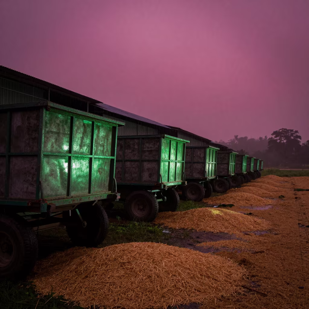 Sri Lanka Corn Wagons Under Magenta Sky in across a harvested grain field in Sri Lanka