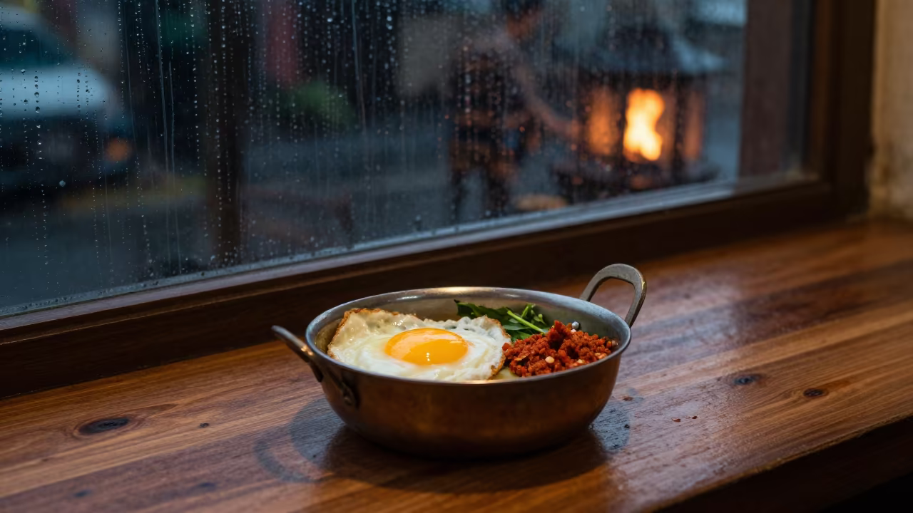 Sri Lankan Hoppers with Egg and Sambol Cafe in on a cafe table by a window near Hyderabad