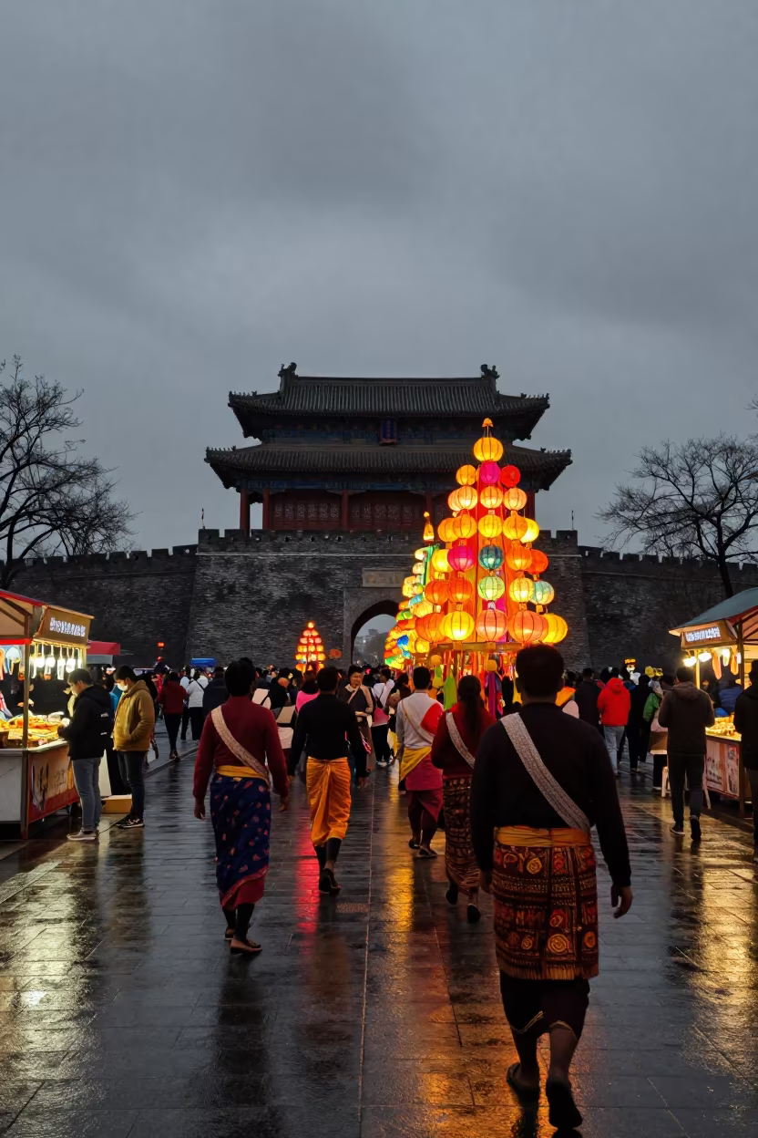 Sri Lankan Lantern Festival Behind Procession in at a public square during a festival near Qianmen, Beijing