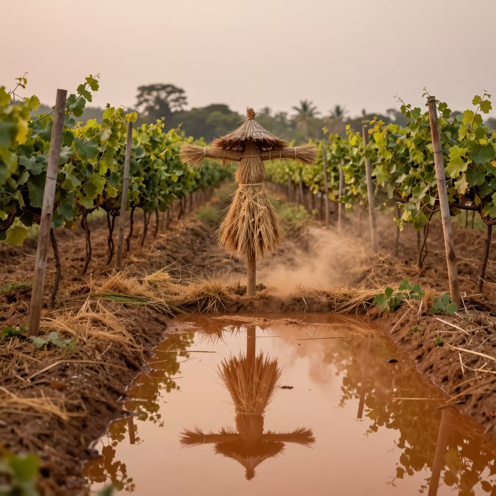 Scarecrow in Sri Lankan Vineyard Water in between vineyard trellises in Sri Lanka