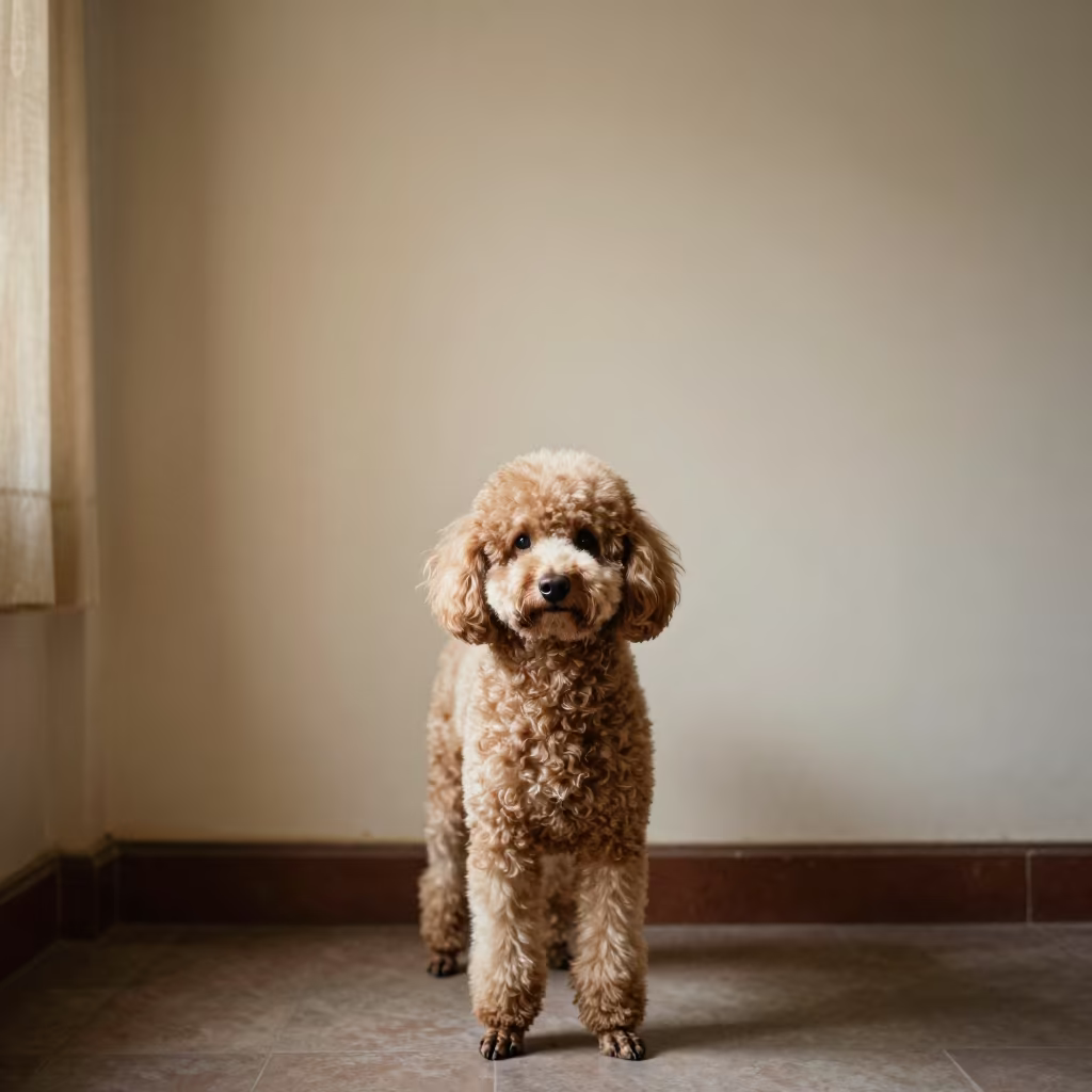 Srinagar Poodle Portrait by Soft Window Light in beside a plain plaster wall in soft indoor light with the animal centered in frame near Srinagar