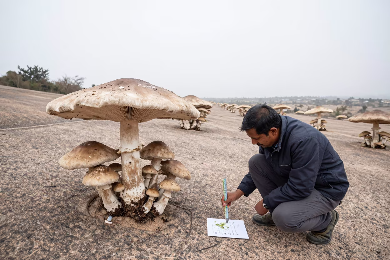 Srinagar Scientist Measuring Giant Mushroom Lichen Plots in in Srinagar