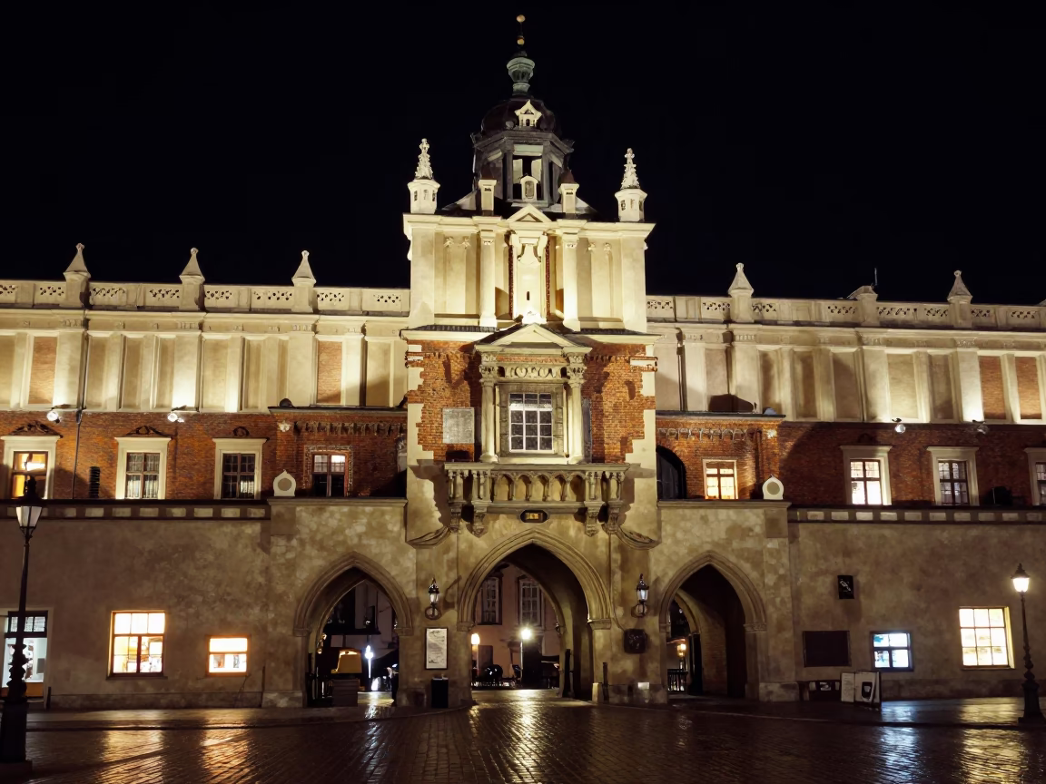 St. Florian's Gate And Rynek Glowny at The Deepest Night Sky Light in Krakow in in Krakow, Poland