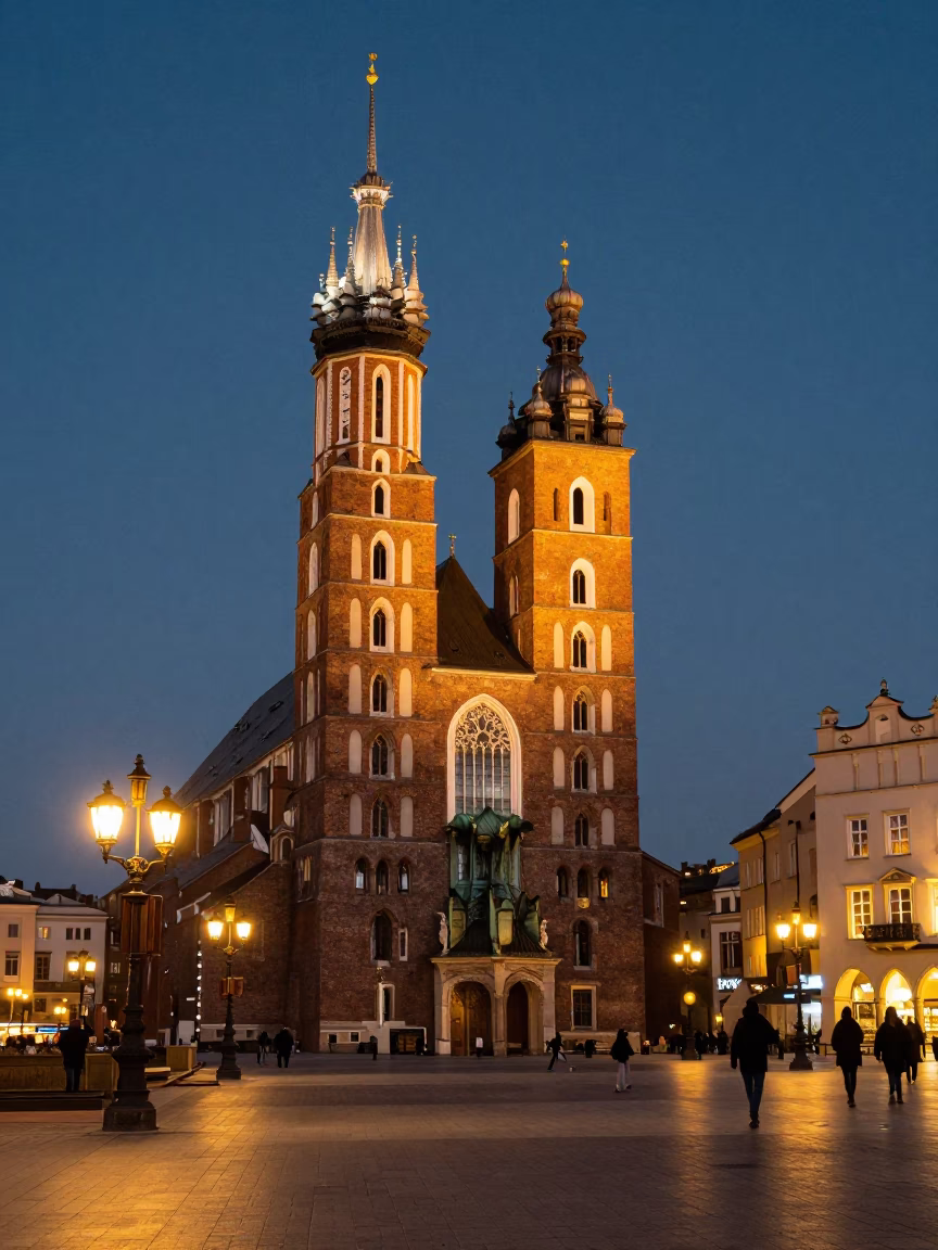 St. Mary's Basilica And Main Market Square in Krakow in in Krakow, Poland