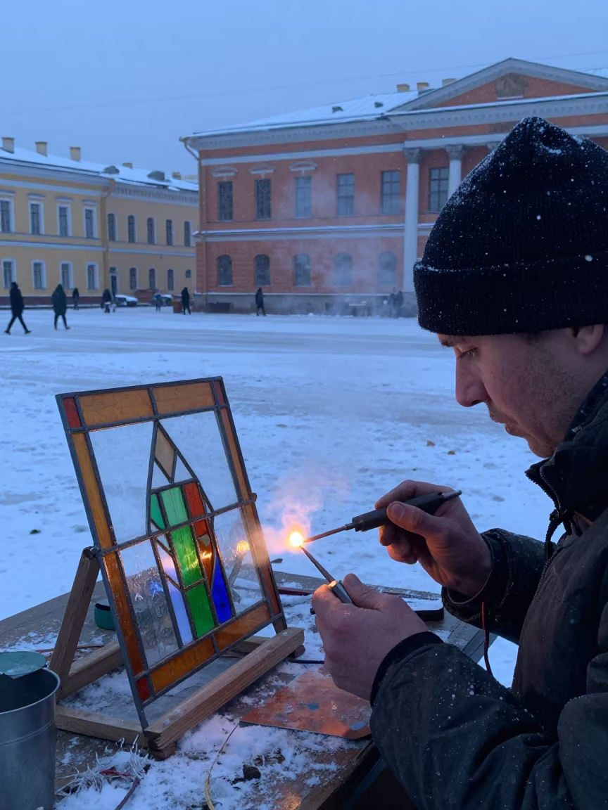 St Petersburg Stained Glass Artisan at Dawn in at a public square in St Petersburg
