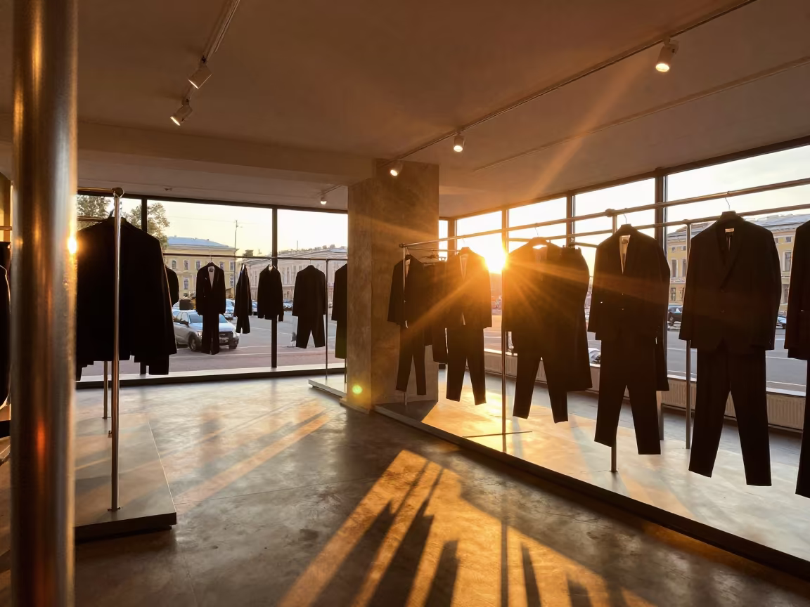 St Petersburg Suiting Showroom Golden Hour in under runway rehearsal lights in St Petersburg