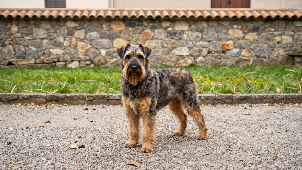 Stabyhoun on Barcelona Park Path in in a small yard with clipped grass, calm light, and the animal centered in frame near Barcelona