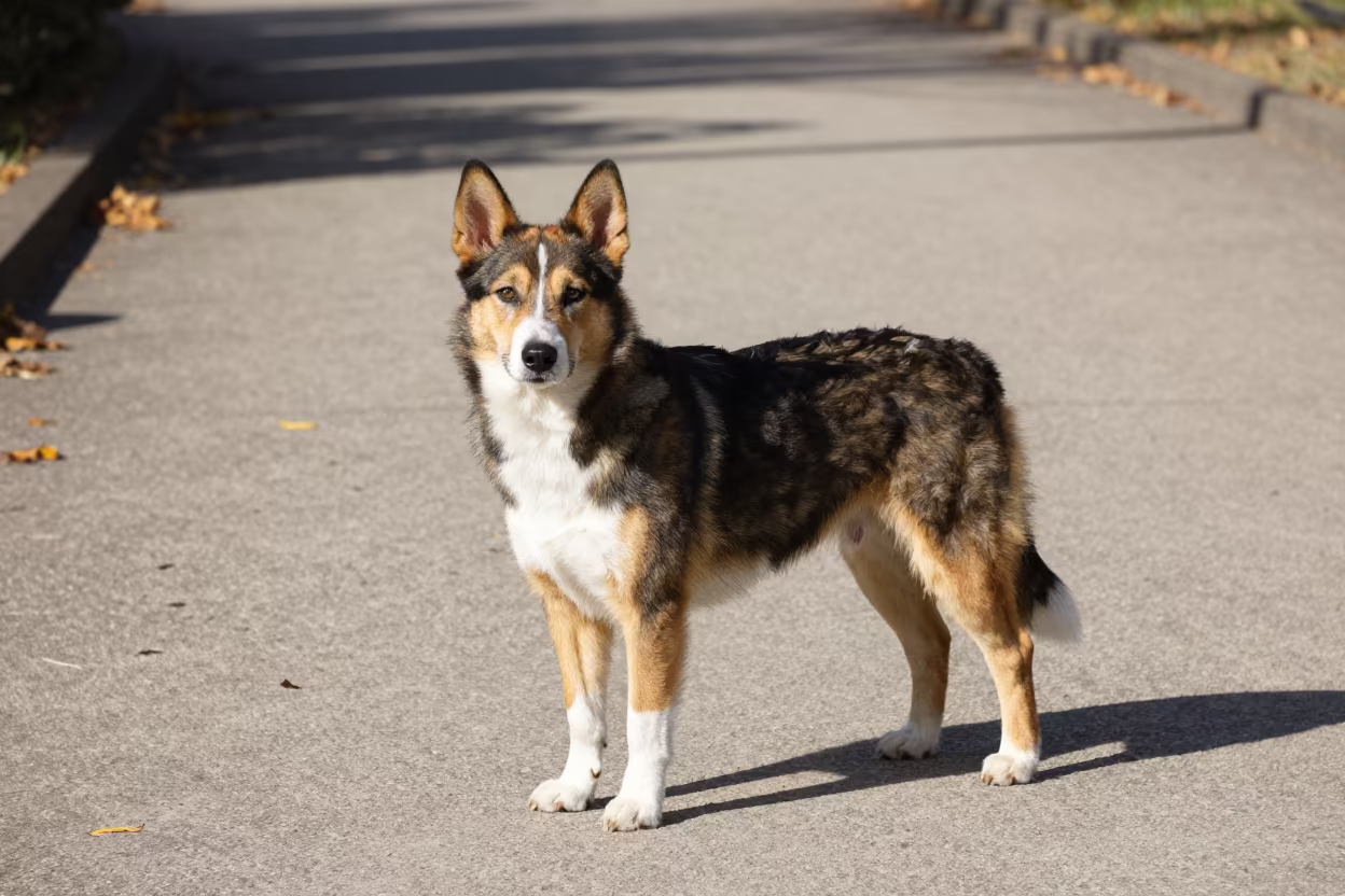 Stabyhoun on Park Path in Okayama Morning Light in near a garden edge with soft morning light and an uncluttered background in Okayama