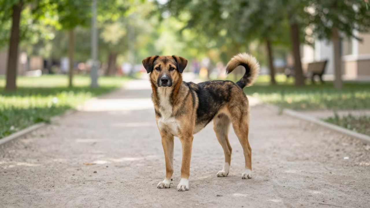 Stabyhoun on Park Path in Shahrisabz in along a quiet park path with soft open shade and a clean background near Shahrisabz