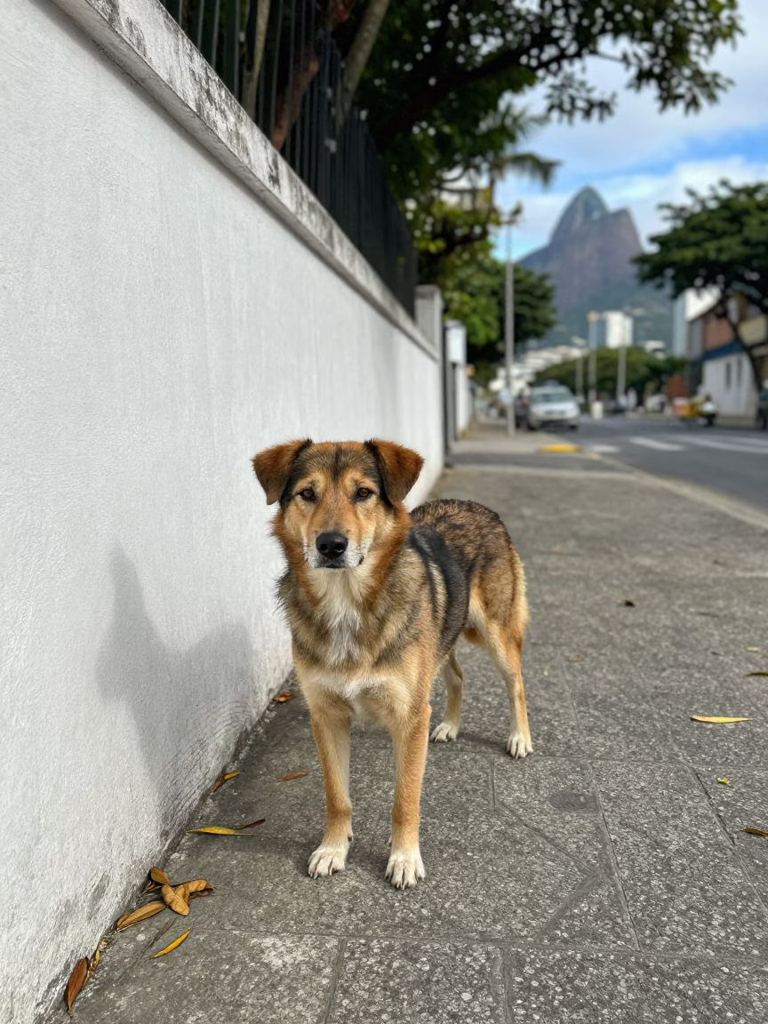 Stabyhoun on Rio Park Path Beside Courtyard Wall in beside a plain courtyard wall in clear daylight with the animal at eye level in Rio de Janeiro