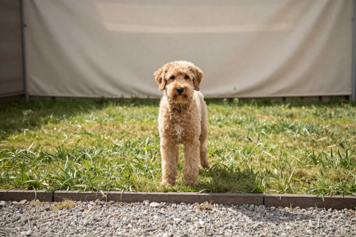 Stabyhoun Portrait in Malakal Yard in in a small yard with clipped grass, calm light, and the animal centered in frame in Malakal